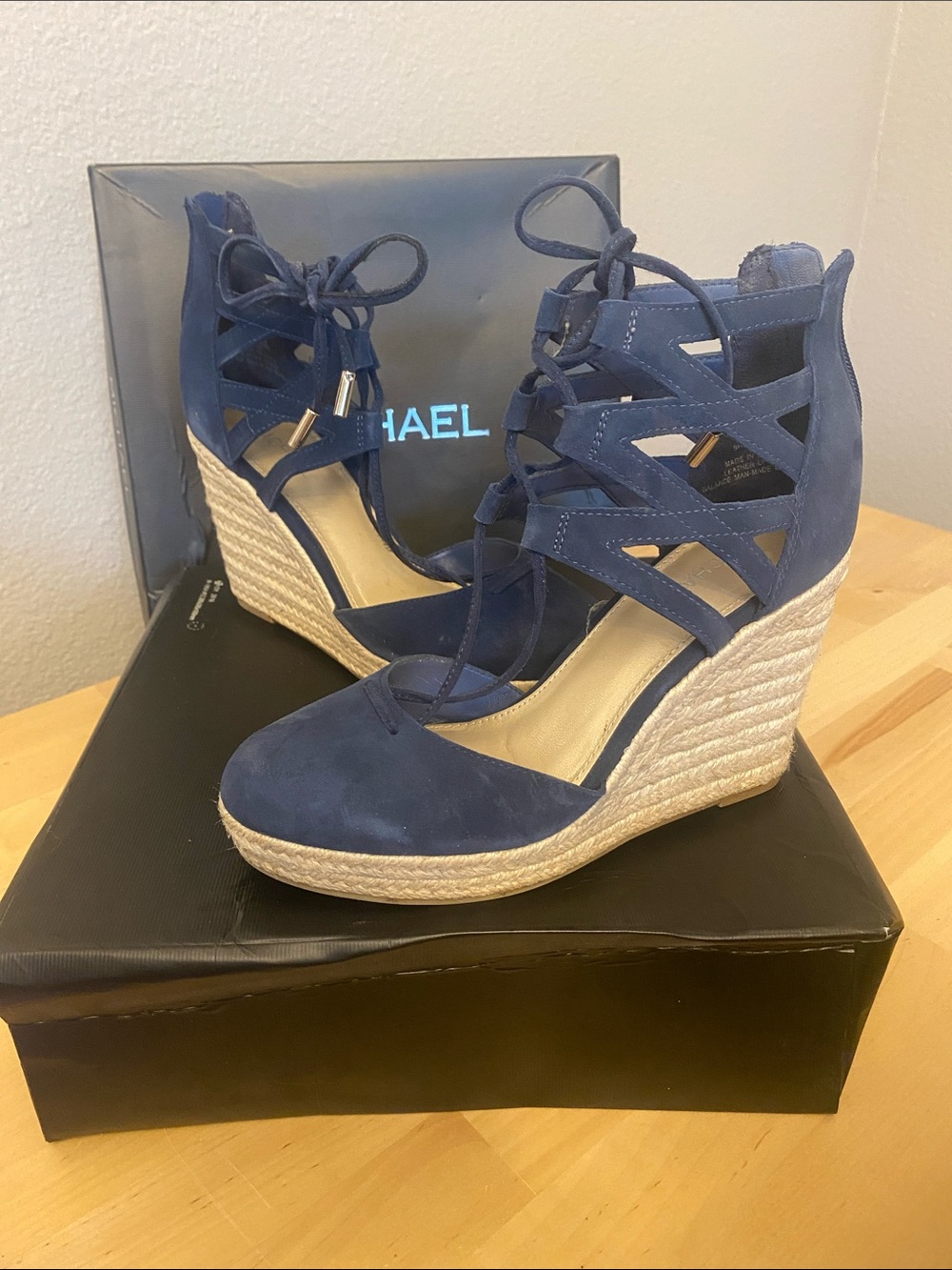 MICHAEL  Navy Suede Lace-Up Espadrille Wedge